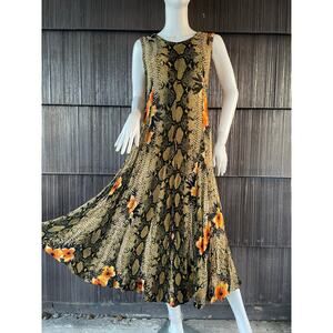 🔥Vintage 90s Y2K La D Da Snake Print Crinkle Flowy Midi Dress  Bohemian Chic L